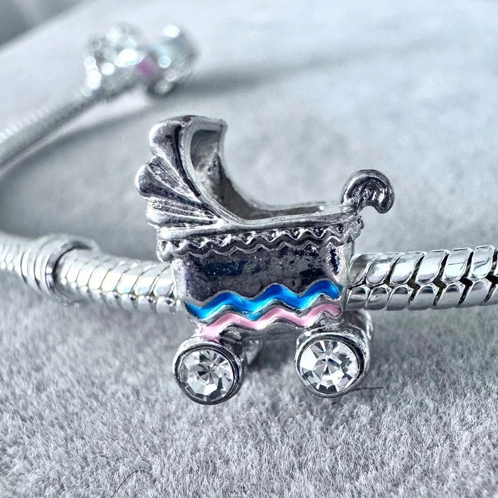 Baby Carriage Stroller Charm Silver Pink Blue fits PANDORA